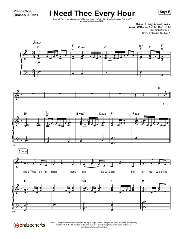 I Need Thee Every Hour (Unison/2-Part Choir) Piano/Choir  (Uni/2-Part) (The Worship Initiative / Shane & Shane / Arr. Erik Foster)