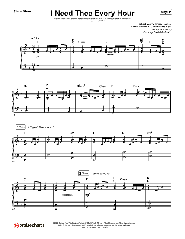 I Need Thee Every Hour (Unison/2-Part Choir) Piano Sheet (The Worship Initiative / Shane & Shane / Arr. Erik Foster)