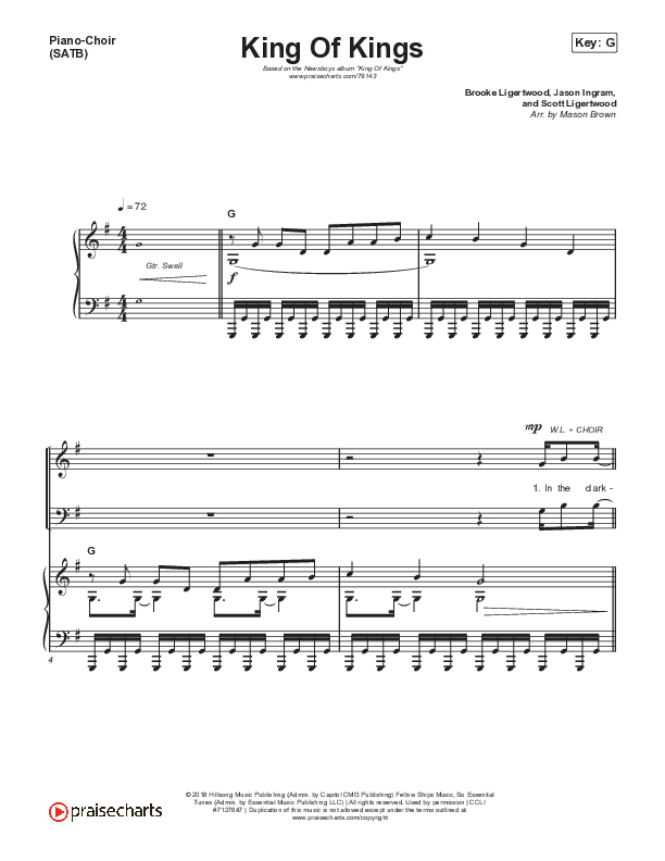 King Of Kings Piano/Vocal (SATB) (Newsboys / Bart Millard)