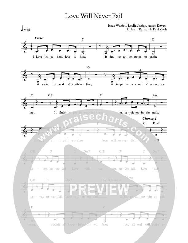 Love Will Never Fail Lead Sheet Melody (Leslie Jordan)
