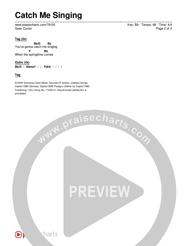 Catch Me Singing Chords & Lyrics (Sean Curran)