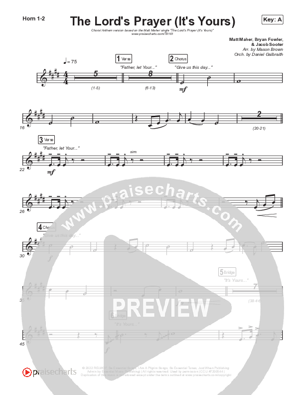 The Lord's Prayer (It's Yours) (Choral Anthem SATB) French Horn 1,2 (Matt Maher / Arr. Mason Brown)