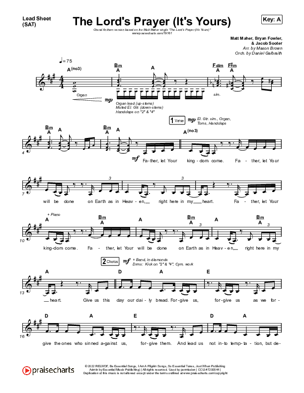 The Lord's Prayer (It's Yours) (Choral Anthem SATB) Lead Sheet (SAT) (Matt Maher / Arr. Mason Brown)