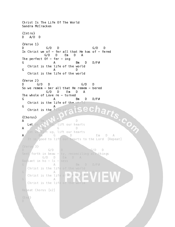 Christ is The Life Of The World Chord Chart (Sandra McCracken)