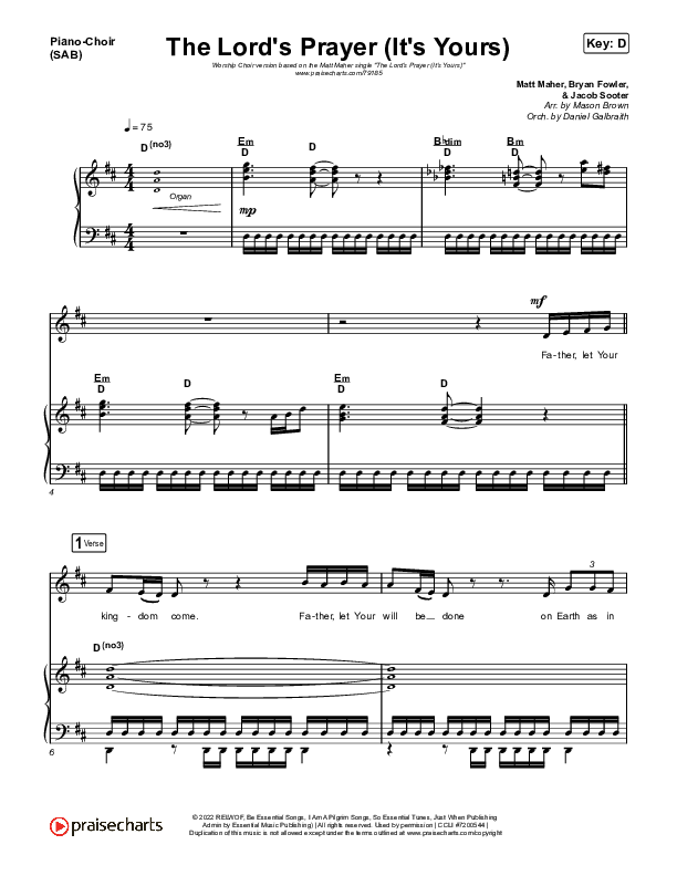 The Lord's Prayer (It's Yours) (Worship Choir SAB) Piano/Choir (SAB) (Matt Maher / Arr. Mason Brown)