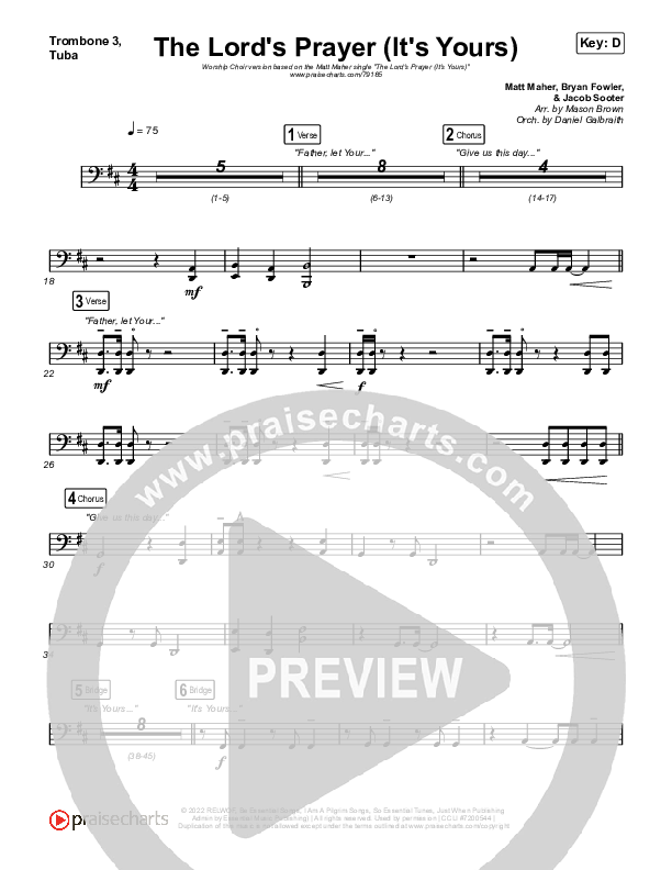 The Lord's Prayer (It's Yours) (Worship Choir SAB) Trombone 3/Tuba (Matt Maher / Arr. Mason Brown)
