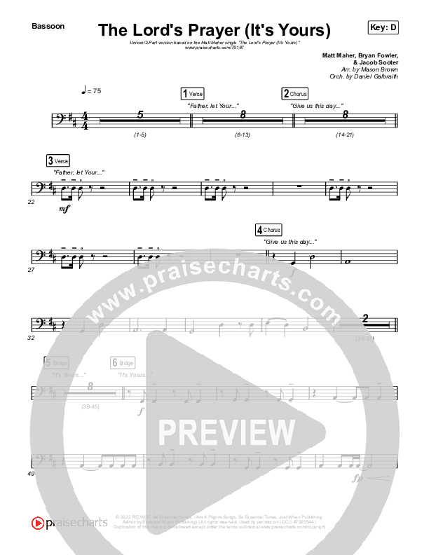 The Lord's Prayer (It's Yours) (Unison/2-Part Choir) Bassoon (Matt Maher / Arr. Mason Brown)