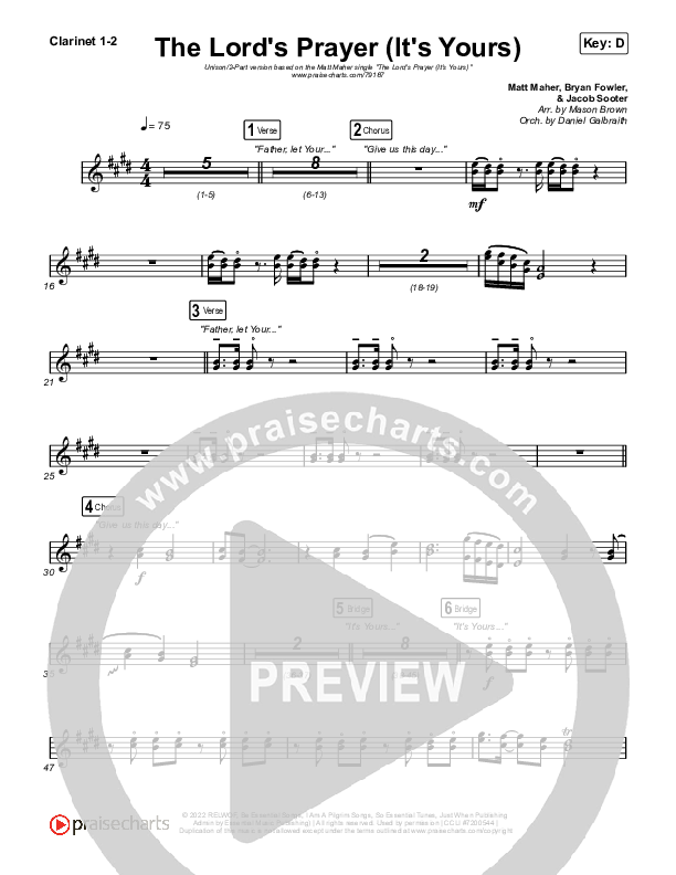 The Lord's Prayer (It's Yours) (Unison/2-Part Choir) Clarinet 1/2 (Matt Maher / Arr. Mason Brown)