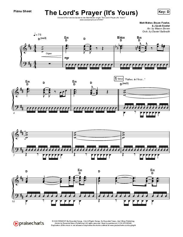 The Lord's Prayer (It's Yours) (Unison/2-Part Choir) Piano Sheet (Matt Maher / Arr. Mason Brown)