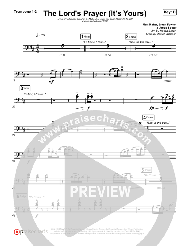 The Lord's Prayer (It's Yours) (Unison/2-Part Choir) Trombone 1/2 (Matt Maher / Arr. Mason Brown)
