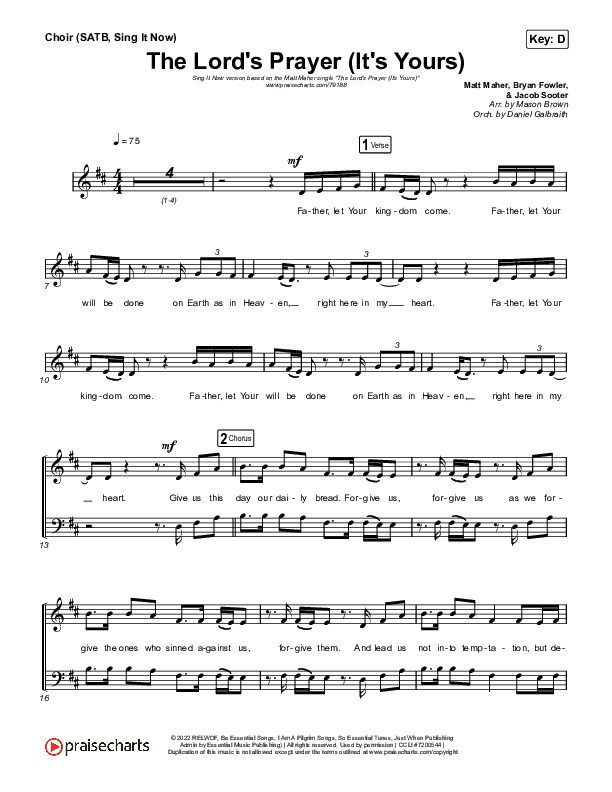 The Lord's Prayer (It's Yours) (Sing It Now SATB) Choir Sheet (SATB) (Matt Maher / Arr. Mason Brown)