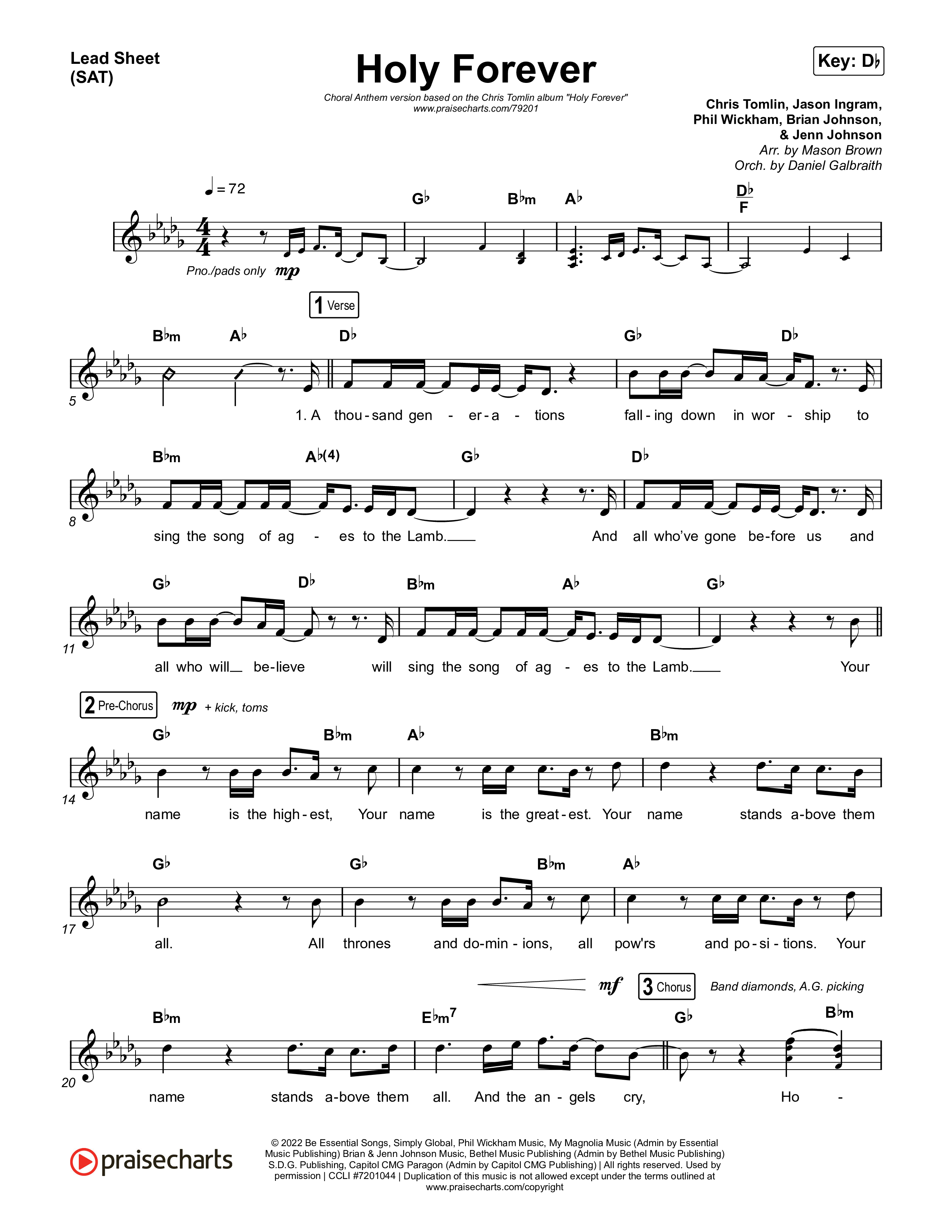 Holy Forever (Choral Anthem SATB) Lead Sheet (SAT) (Chris Tomlin / Arr. Mason Brown)