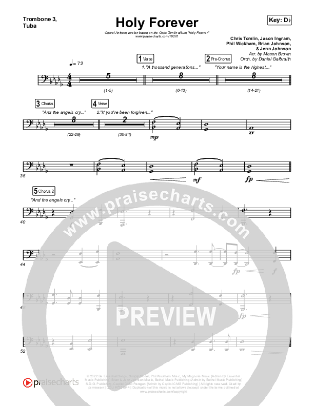 Holy Forever (Choral Anthem SATB) Trombone 3/Tuba (Chris Tomlin / Arr. Mason Brown)