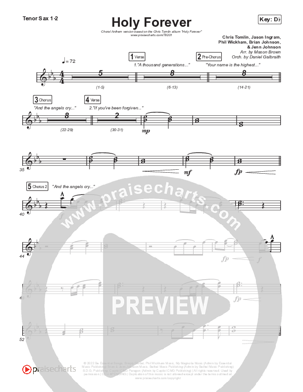 Holy Forever (Choral Anthem SATB) Tenor Sax 1,2 (Chris Tomlin / Arr. Mason Brown)