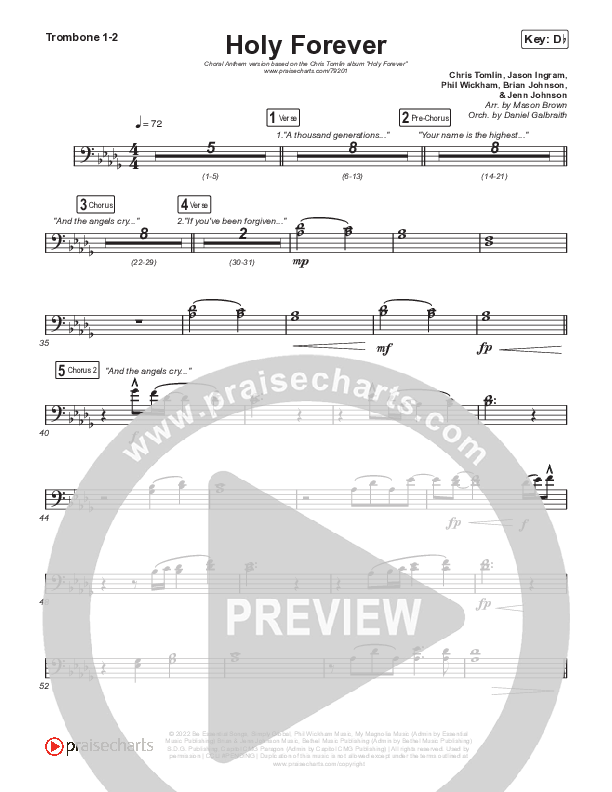 Holy Forever (Choral Anthem SATB) Trombone 1/2 (Chris Tomlin / Arr. Mason Brown)