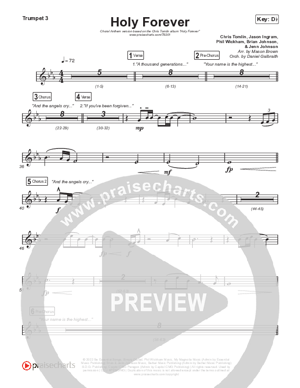 Holy Forever (Choral Anthem SATB) Trumpet 3 (Chris Tomlin / Arr. Mason Brown)