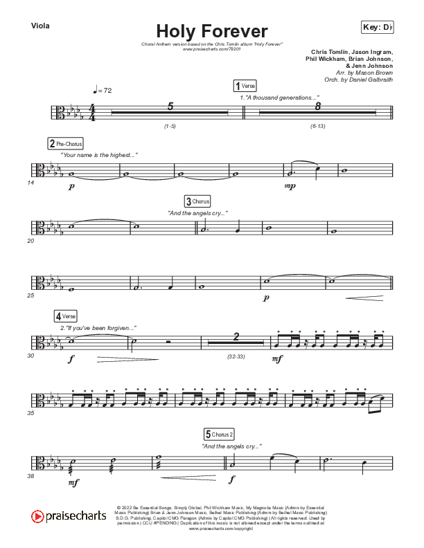 Holy Forever (Choral Anthem SATB) Viola (Chris Tomlin / Arr. Mason Brown)