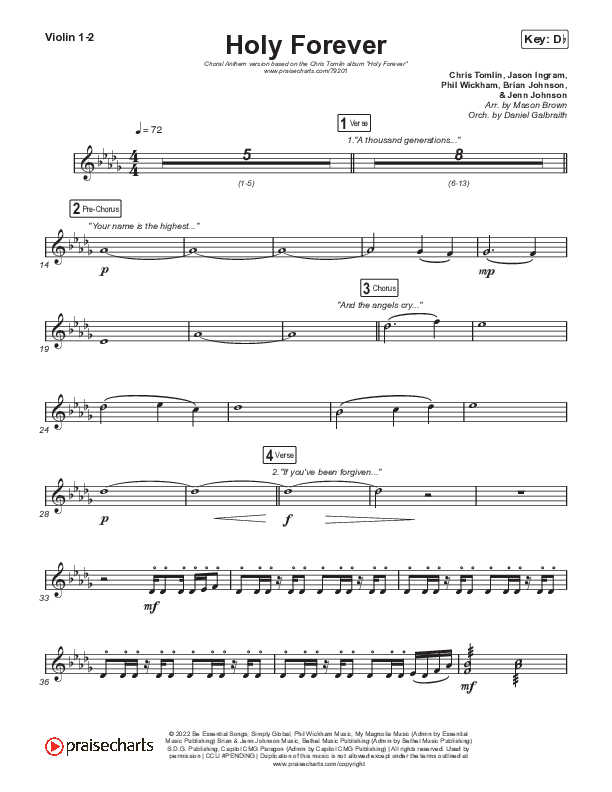 Holy Forever (Choral Anthem SATB) Violin 1,2 (Chris Tomlin / Arr. Mason Brown)