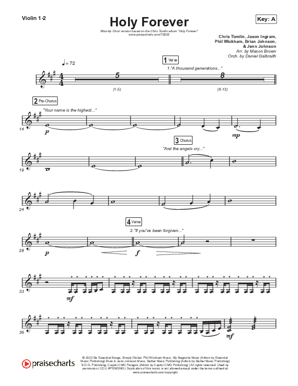 Holy Forever (Worship Choir SAB) Violin 1/2 (Chris Tomlin / Arr. Mason Brown)