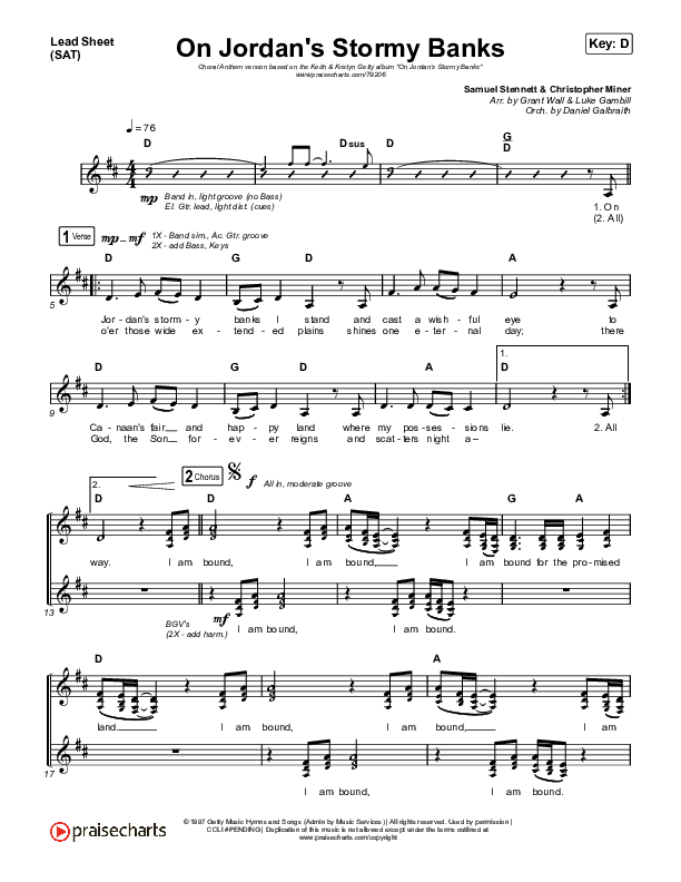 On Jordan's Stormy Banks (Choral Anthem SATB) Lead Sheet (SAT) (Keith & Kristyn Getty / Arr. Luke Gambill)