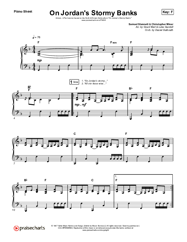 On Jordan's Stormy Banks (Unison/2-Part Choir) Piano Sheet (Keith & Kristyn Getty / Arr. Luke Gambill)