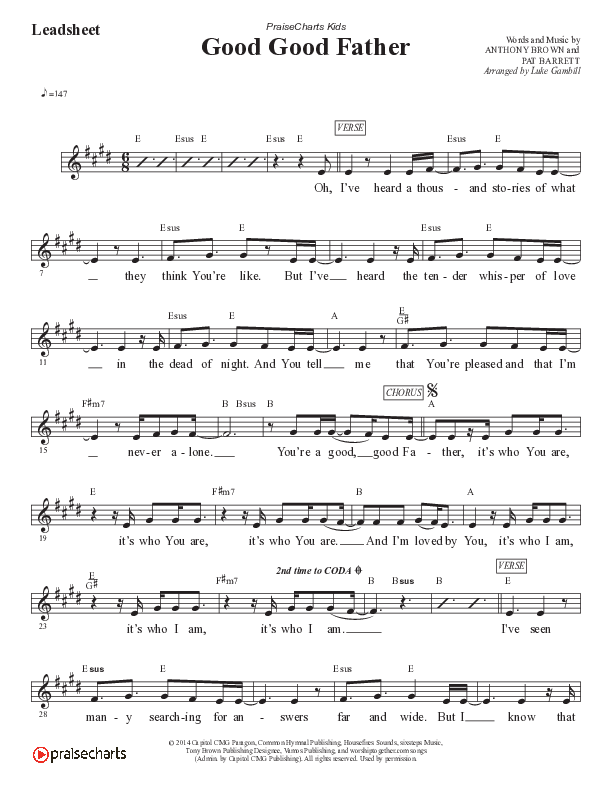 Good Good Father (Kids) Lead Sheet (Melody) (PraiseCharts Kids / Arr. Luke Gambill)