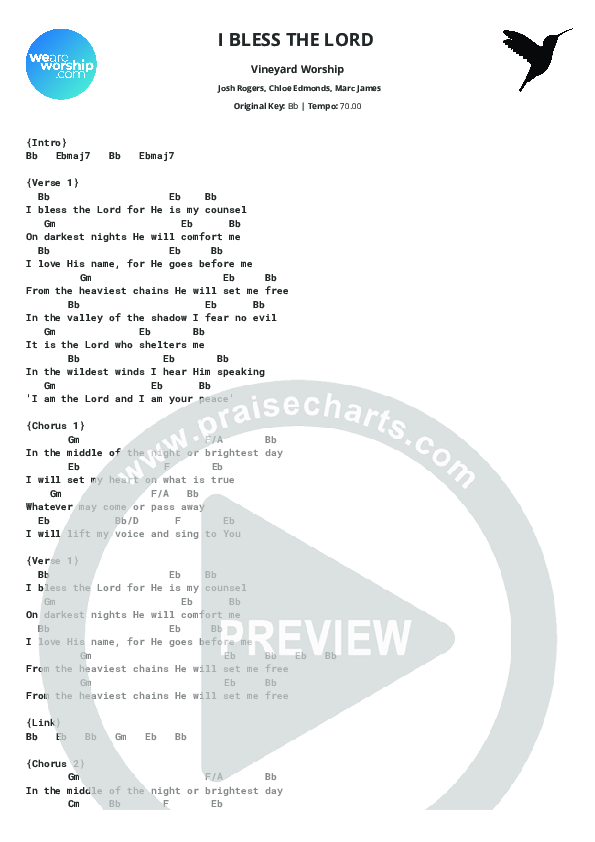 I Bless The Lord Chord Chart (Vineyard Worship)