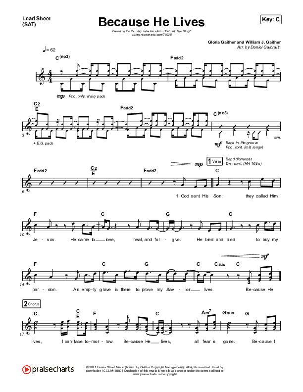Because He Lives Lead Sheet (SAT) (The Worship Initiative / John Marc Kohl)