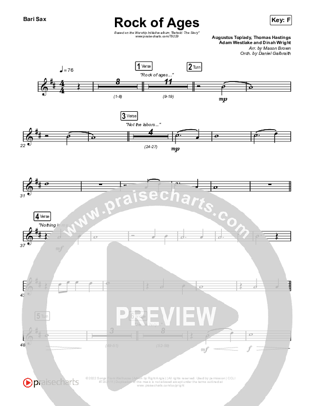 Rock Of Ages Bari Sax Sheet Music PDF (The Worship Initiative / Dinah