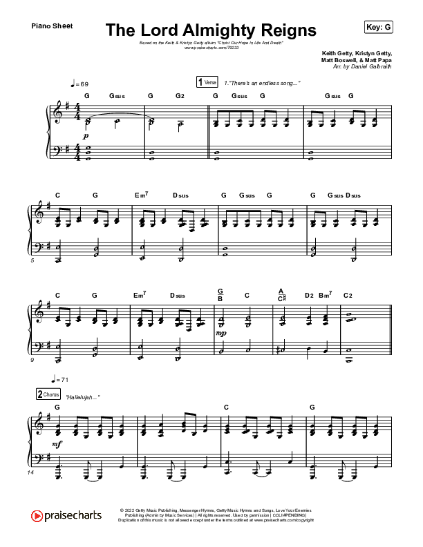 The Lord Almighty Reigns Piano Sheet (Keith & Kristyn Getty)