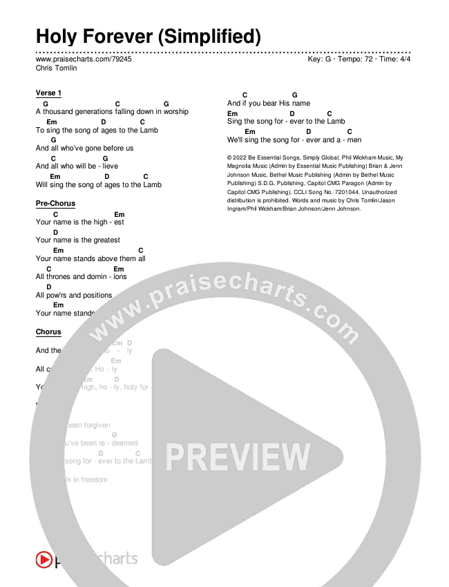 Holy Forever (Simplified) Chord Chart (Chris Tomlin)