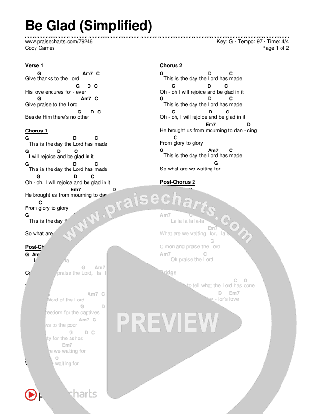 Be Glad (Simplified) Chord Chart (Cody Carnes)