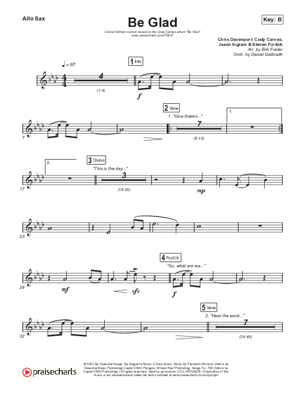 Be Glad (Choral Anthem SATB) Sax Pack (Cody Carnes / Arr. Erik Foster)