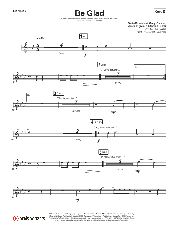 Be Glad (Choral Anthem SATB) Bari Sax (Cody Carnes / Arr. Erik Foster)