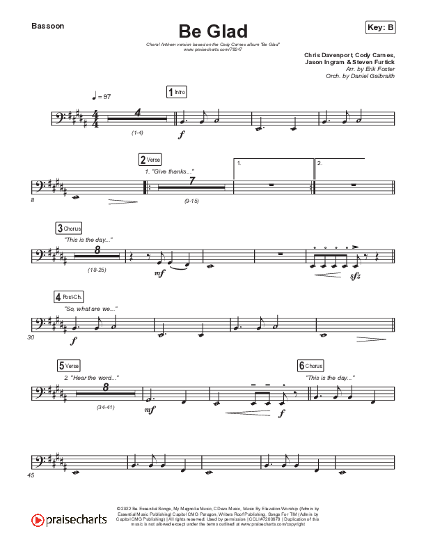 Be Glad (Choral Anthem SATB) Bassoon (Cody Carnes / Arr. Erik Foster)