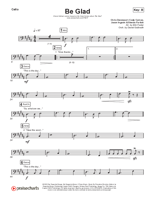 Be Glad (Choral Anthem SATB) Cello (Cody Carnes / Arr. Erik Foster)