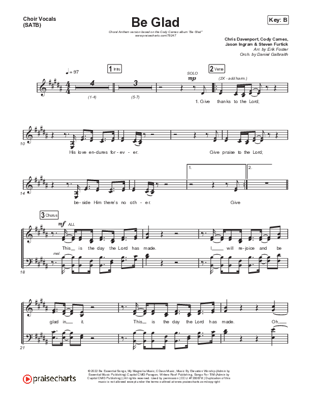 Be Glad (Choral Anthem SATB) Choir Sheet (SATB) (Cody Carnes / Arr. Erik Foster)