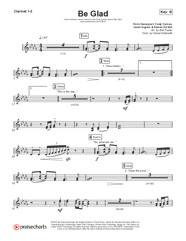 Be Glad (Choral Anthem SATB) Clarinet 1,2 (Cody Carnes / Arr. Erik Foster)