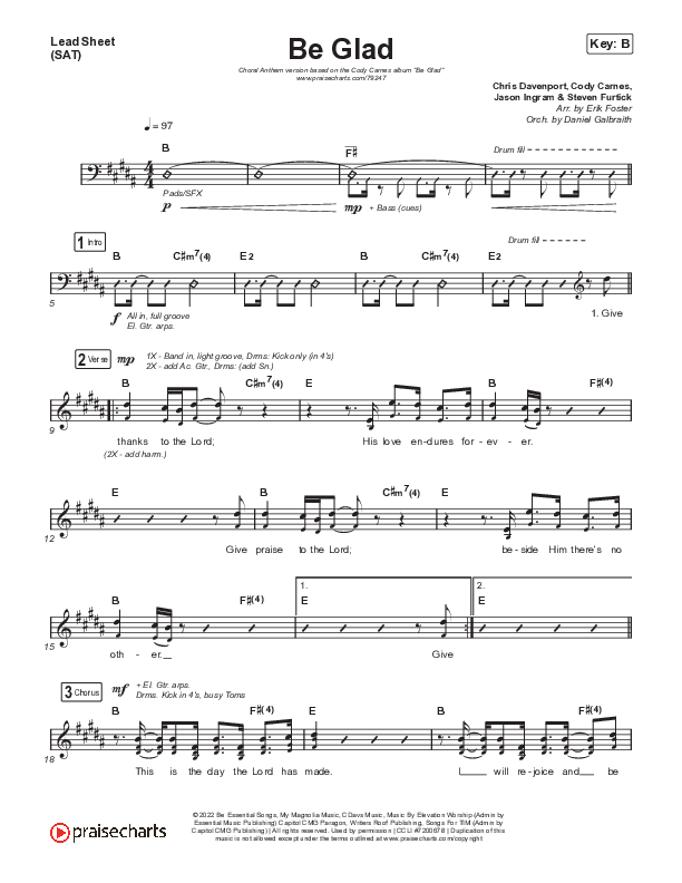 Be Glad (Choral Anthem SATB) Lead Sheet (SAT) (Cody Carnes / Arr. Erik Foster)
