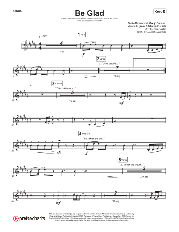 Be Glad (Choral Anthem SATB) Oboe (Cody Carnes / Arr. Erik Foster)