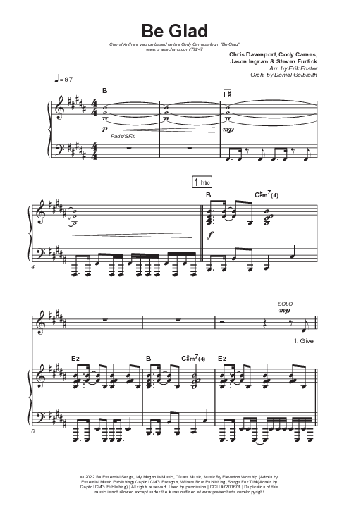 Be Glad (Choral Anthem SATB) Octavo (SATB & Pno) (Cody Carnes / Arr. Erik Foster)