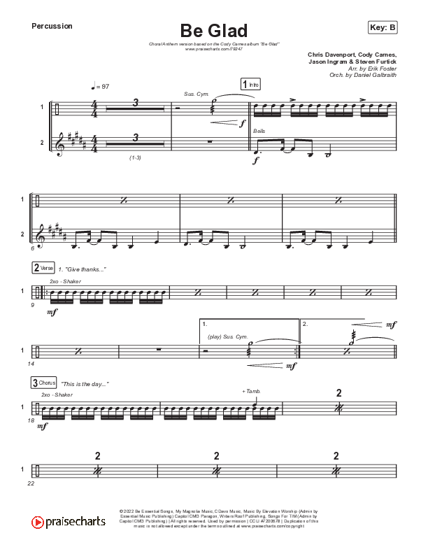 Be Glad (Choral Anthem SATB) Percussion (Cody Carnes / Arr. Erik Foster)