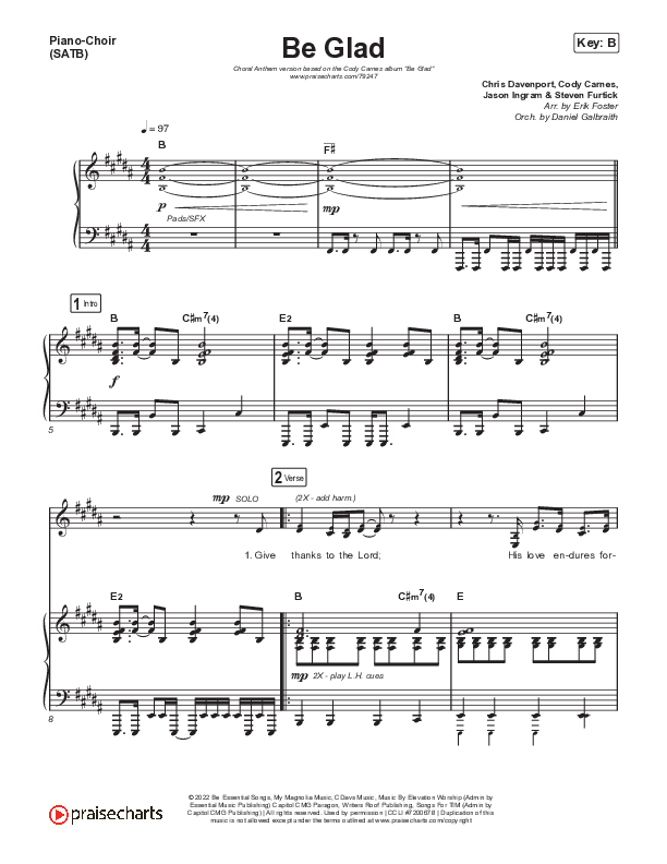 Be Glad (Choral Anthem SATB) Anthem (SATB + Piano) (Cody Carnes / Arr. Erik Foster)