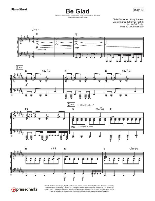 Be Glad (Choral Anthem SATB) Piano Sheet (Cody Carnes / Arr. Erik Foster)