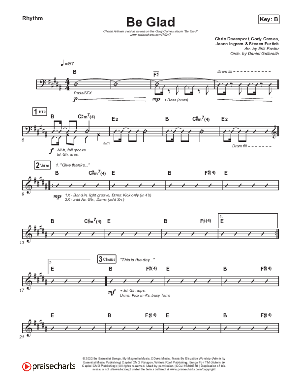Be Glad (Choral Anthem SATB) Rhythm Chart (Cody Carnes / Arr. Erik Foster)