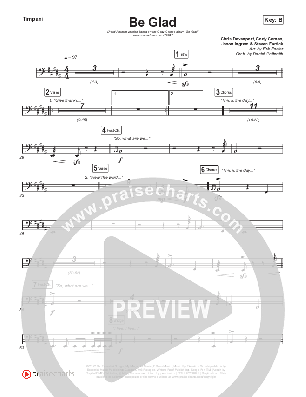 Be Glad (Choral Anthem SATB) Timpani (Cody Carnes / Arr. Erik Foster)