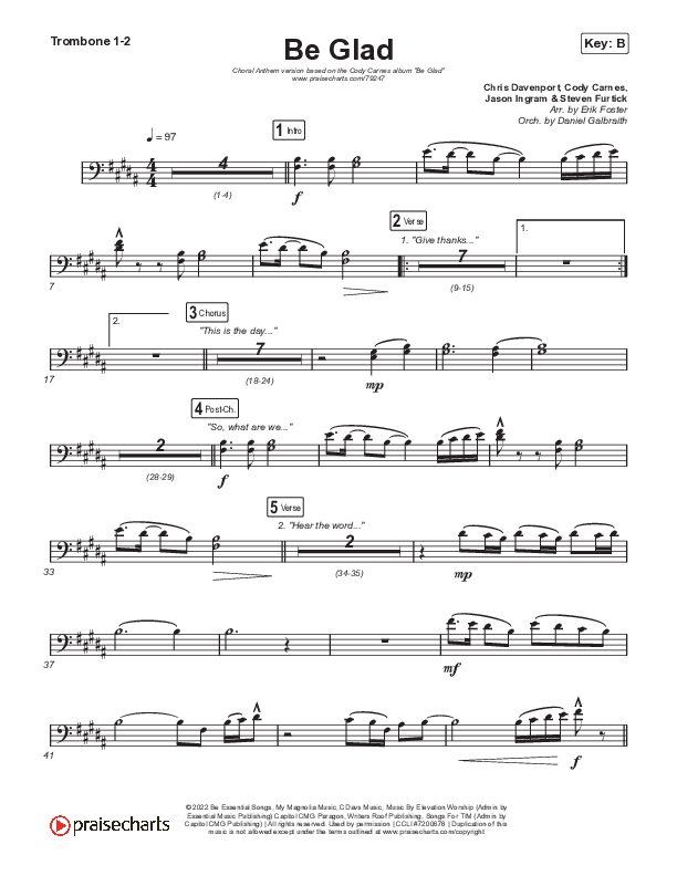 Be Glad (Choral Anthem SATB) Trombone 1,2 (Cody Carnes / Arr. Erik Foster)