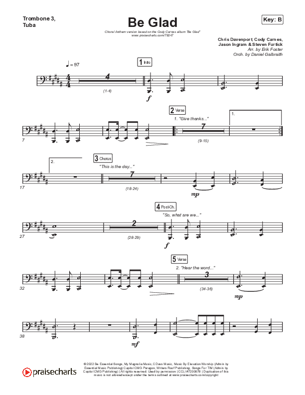 Be Glad (Choral Anthem SATB) Trombone 3/Tuba (Cody Carnes / Arr. Erik Foster)
