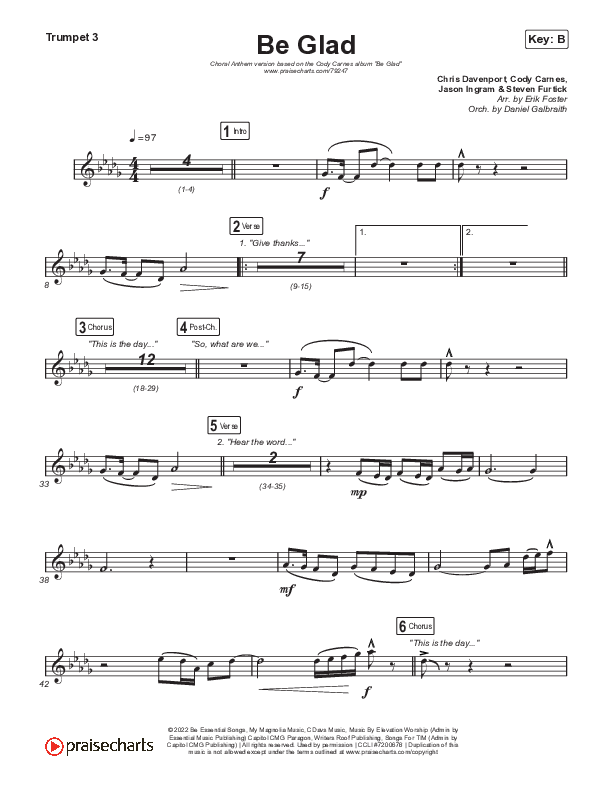 Be Glad (Choral Anthem SATB) Trumpet 3 (Cody Carnes / Arr. Erik Foster)
