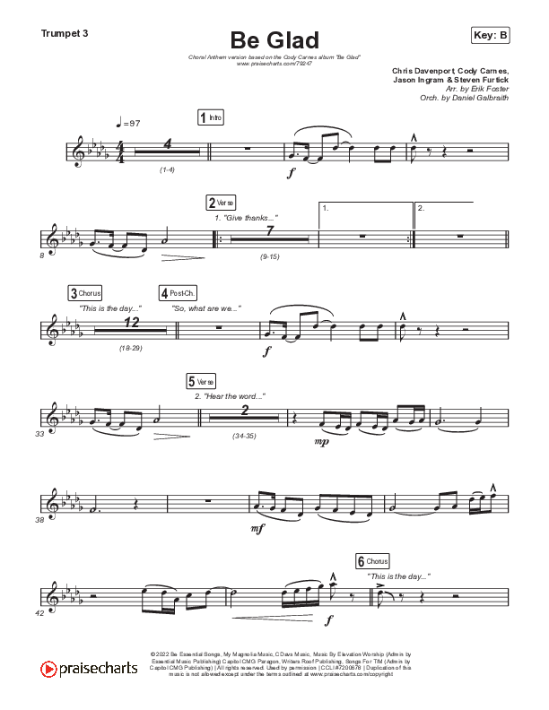 Be Glad (Choral Anthem SATB) Trumpet 3 (Cody Carnes / Arr. Erik Foster)